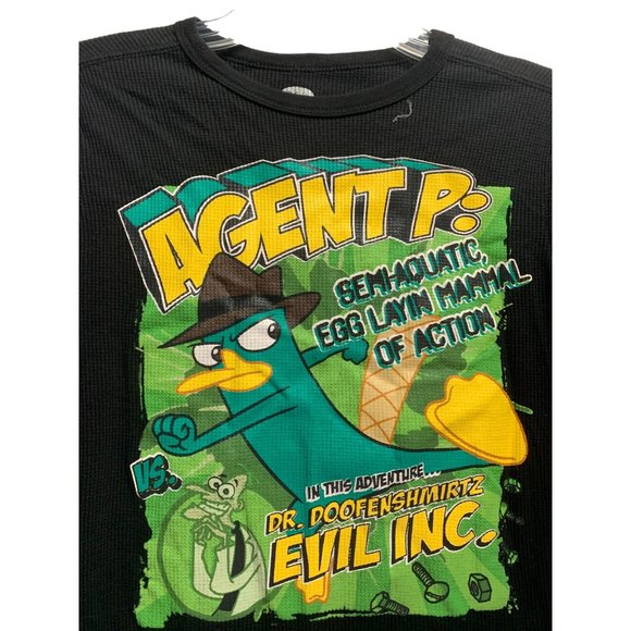 Disney Girls Size 8 Phineas and Ferb Waffle Knit Thermal Top Shirt  Black with G - Picture 2 of 4